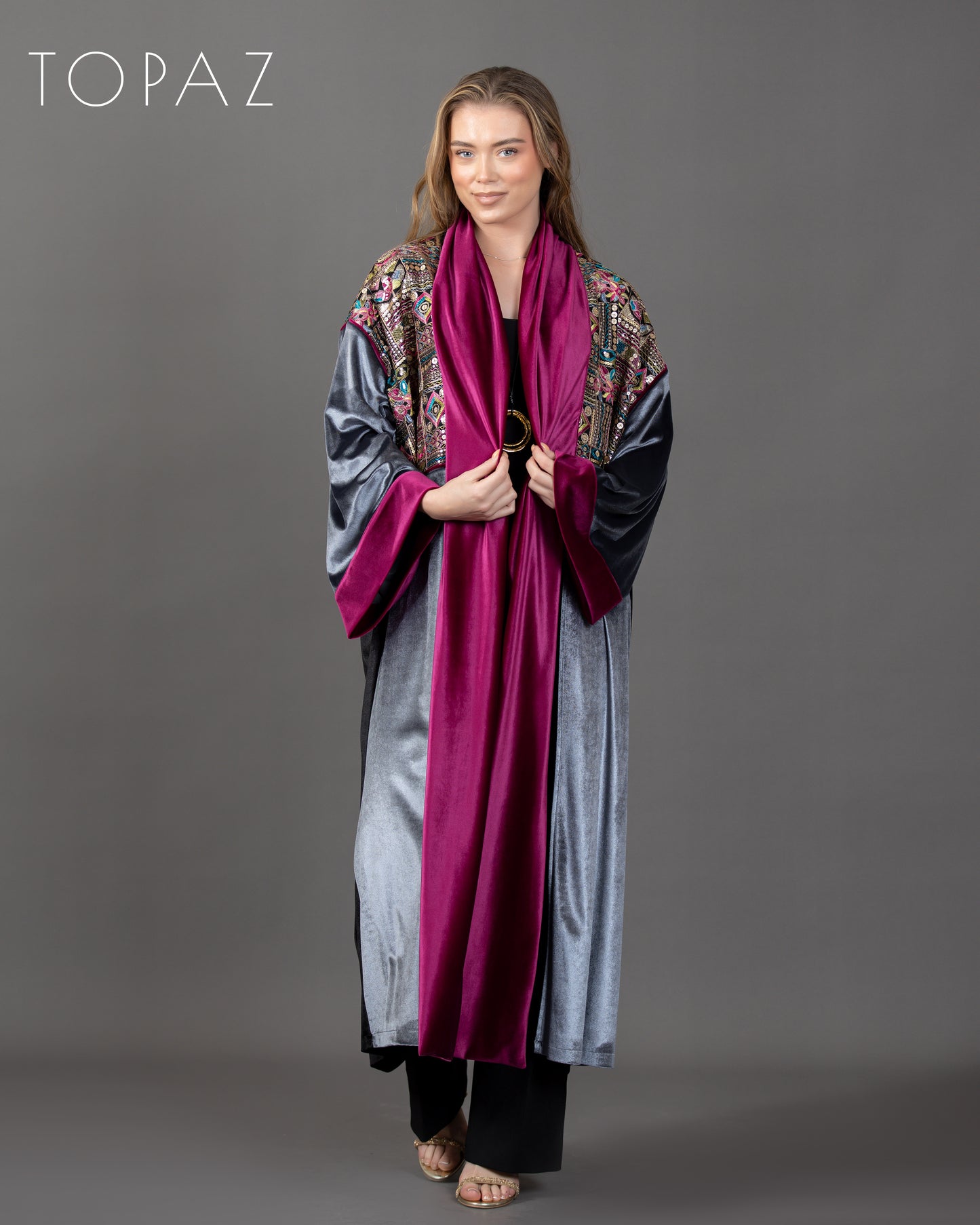 Embroidered Kaftan with Pink Lining