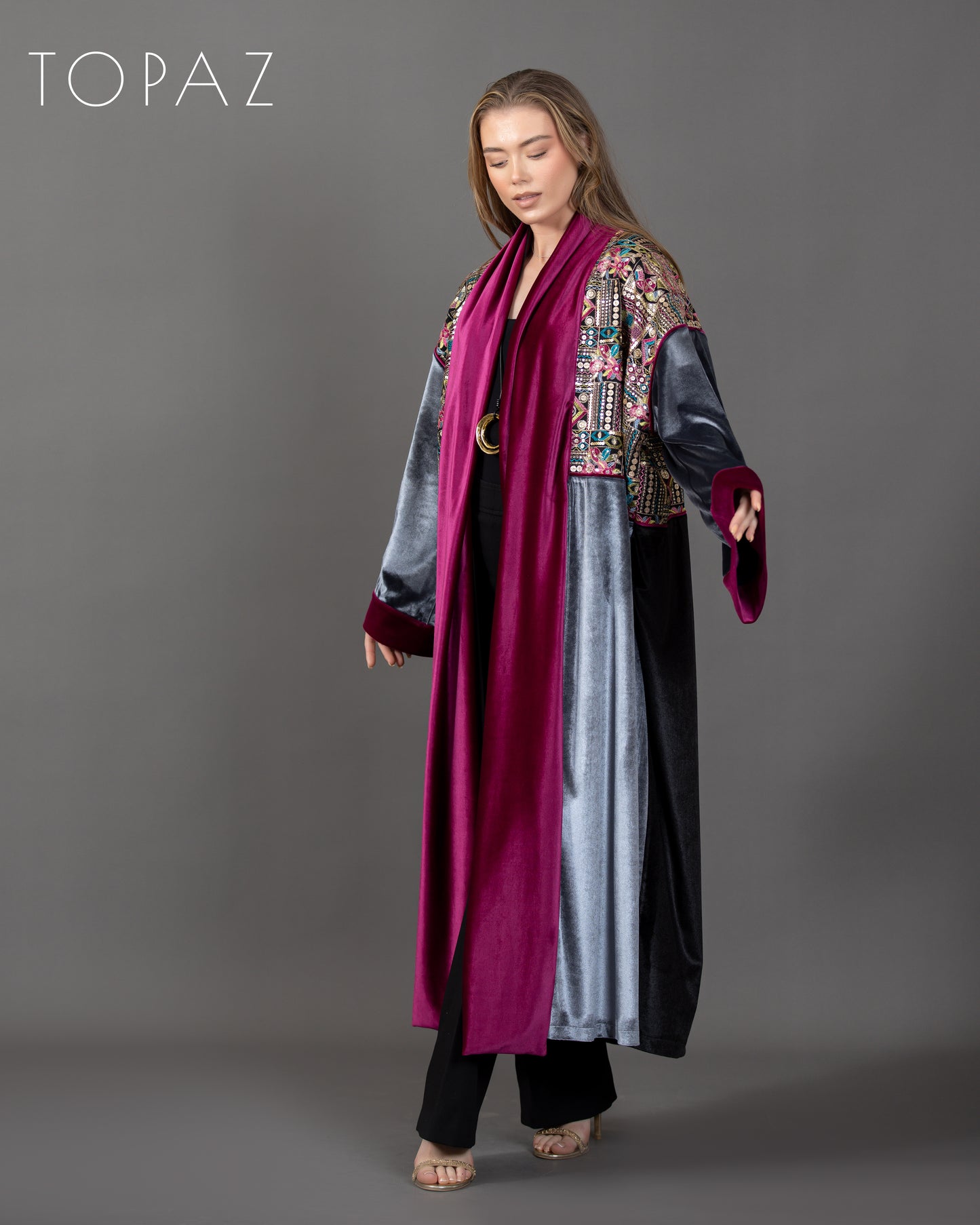 Embroidered Kaftan with Pink Lining
