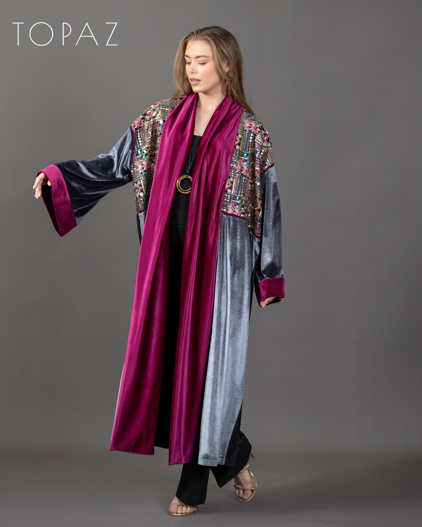 Embroidered Kaftan with Pink Lining