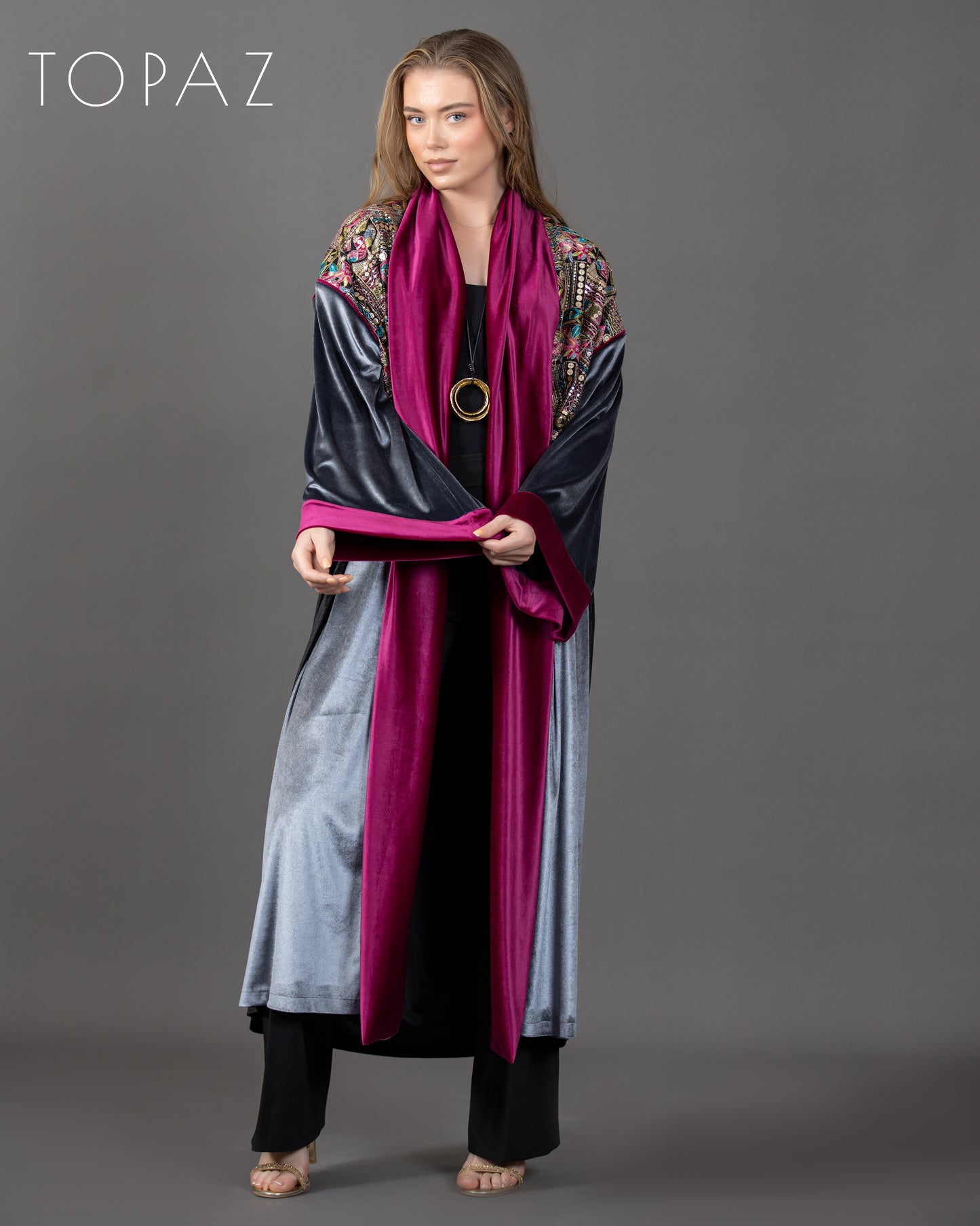 Embroidered Kaftan with Pink Lining