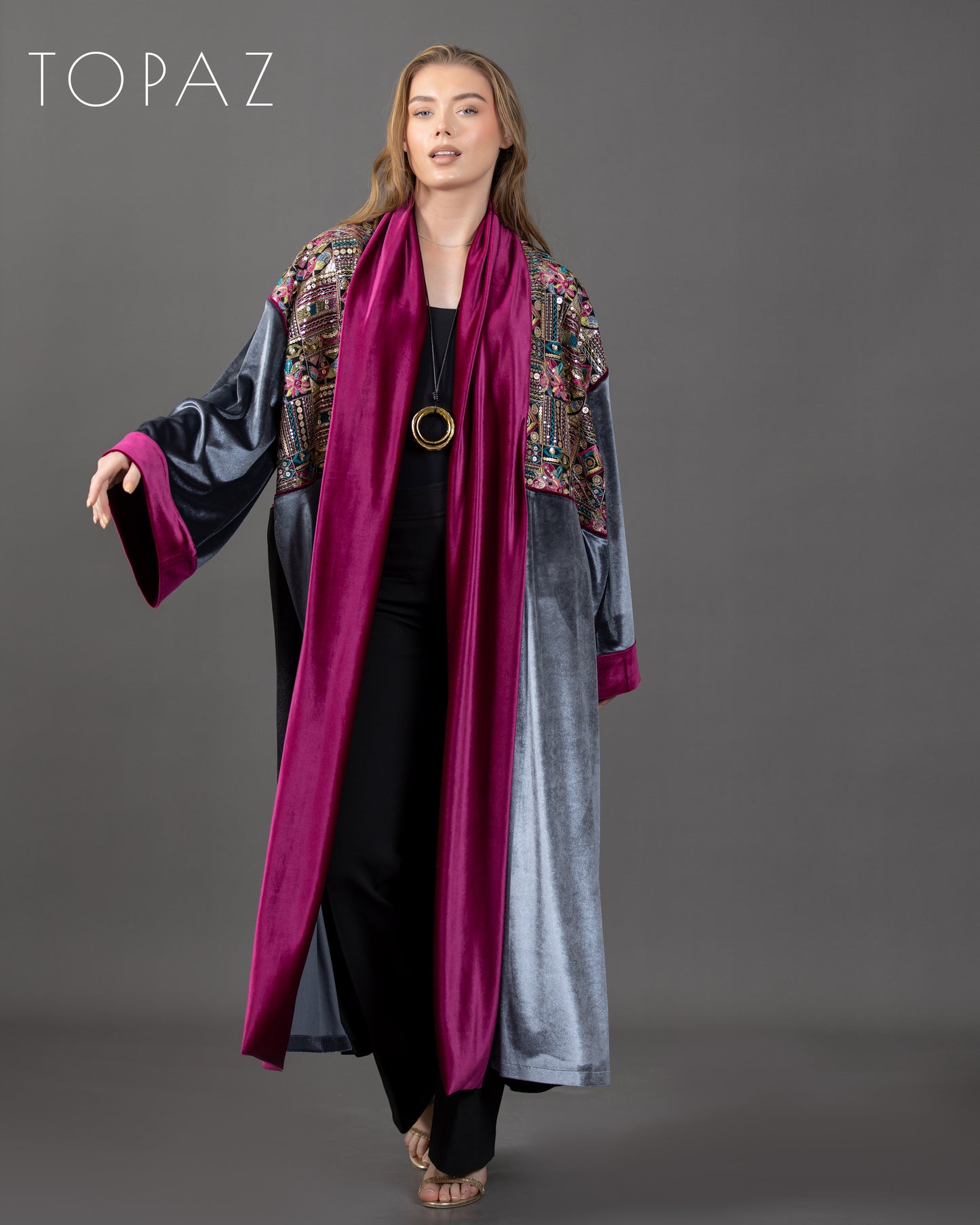 Embroidered Kaftan with Pink Lining