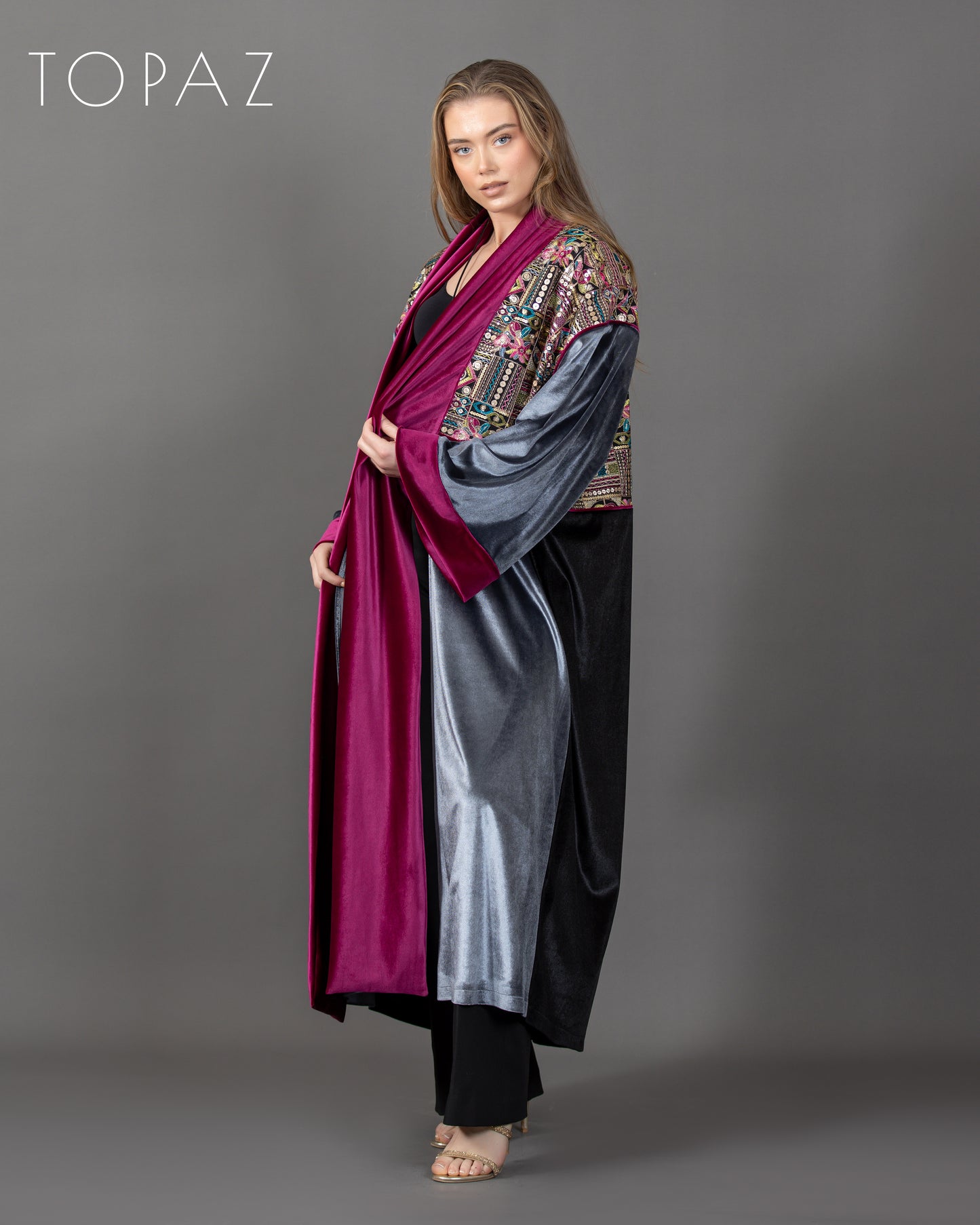 Embroidered Kaftan with Pink Lining