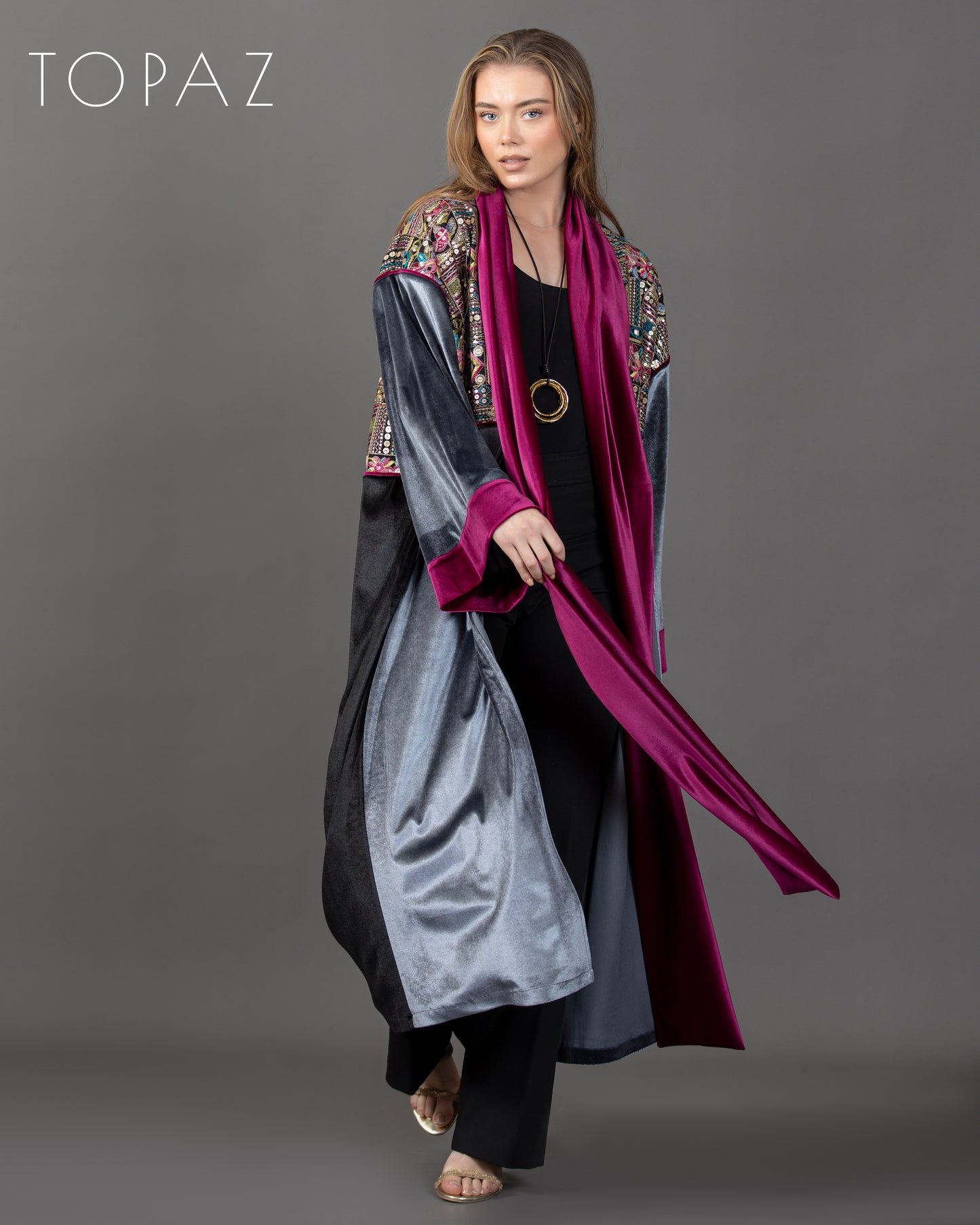 Embroidered Kaftan with Pink Lining
