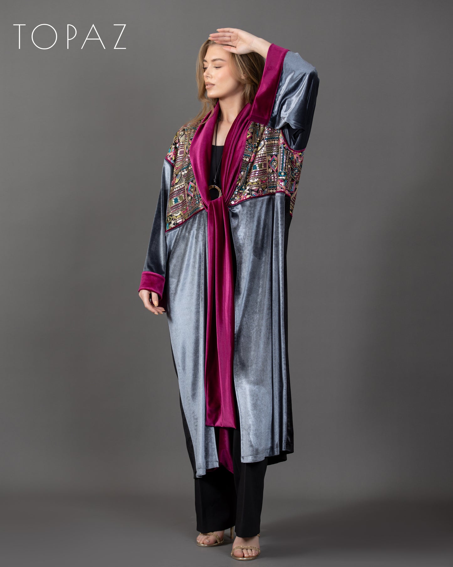 Embroidered Kaftan with Pink Lining