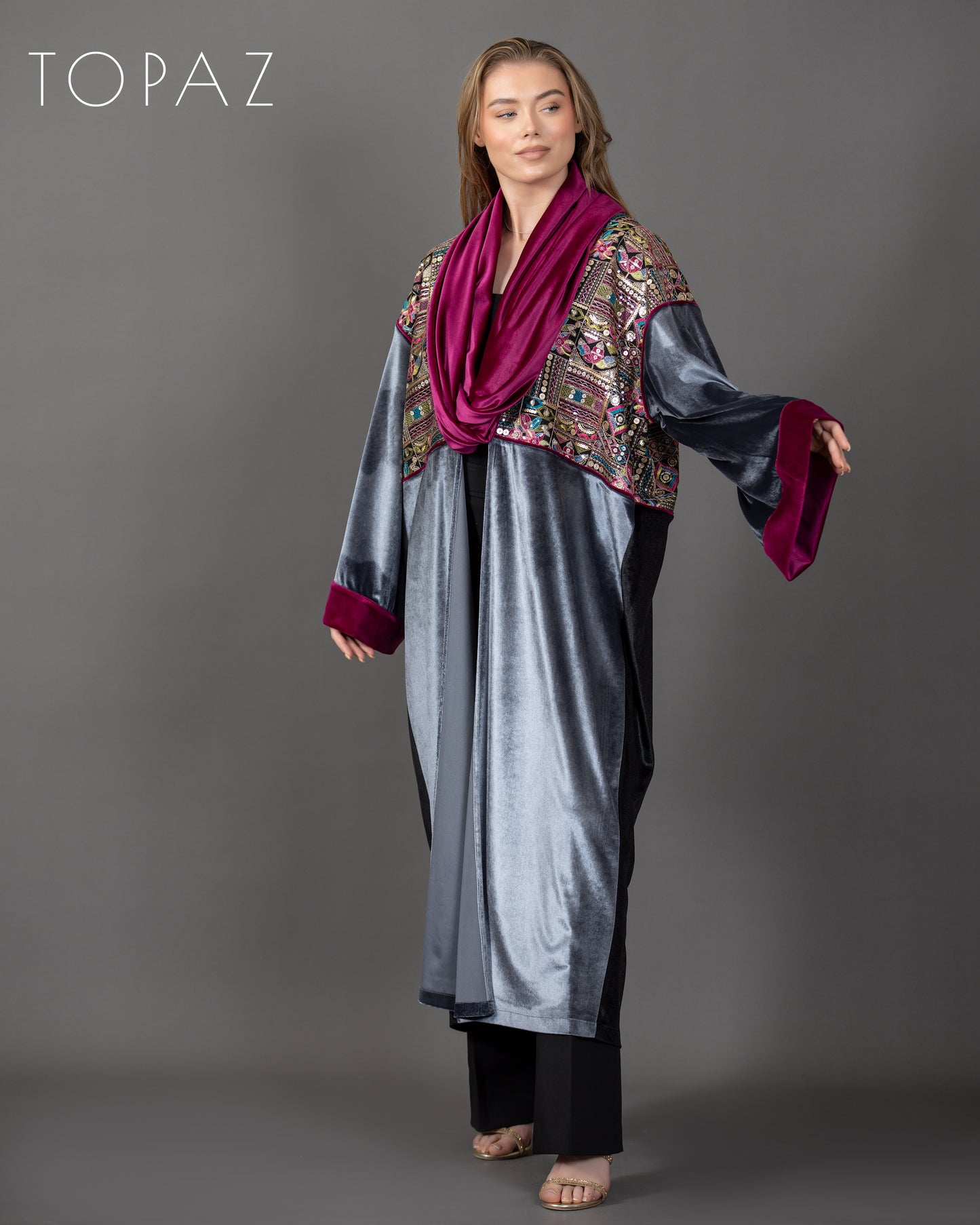 Embroidered Kaftan with Pink Lining