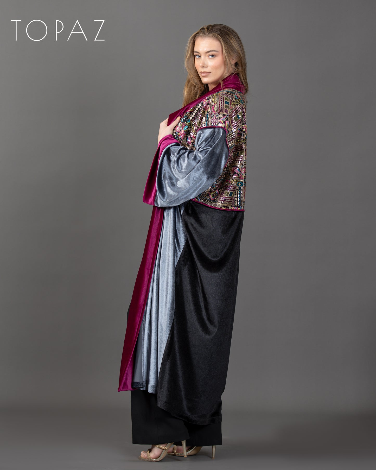 Embroidered Kaftan with Pink Lining