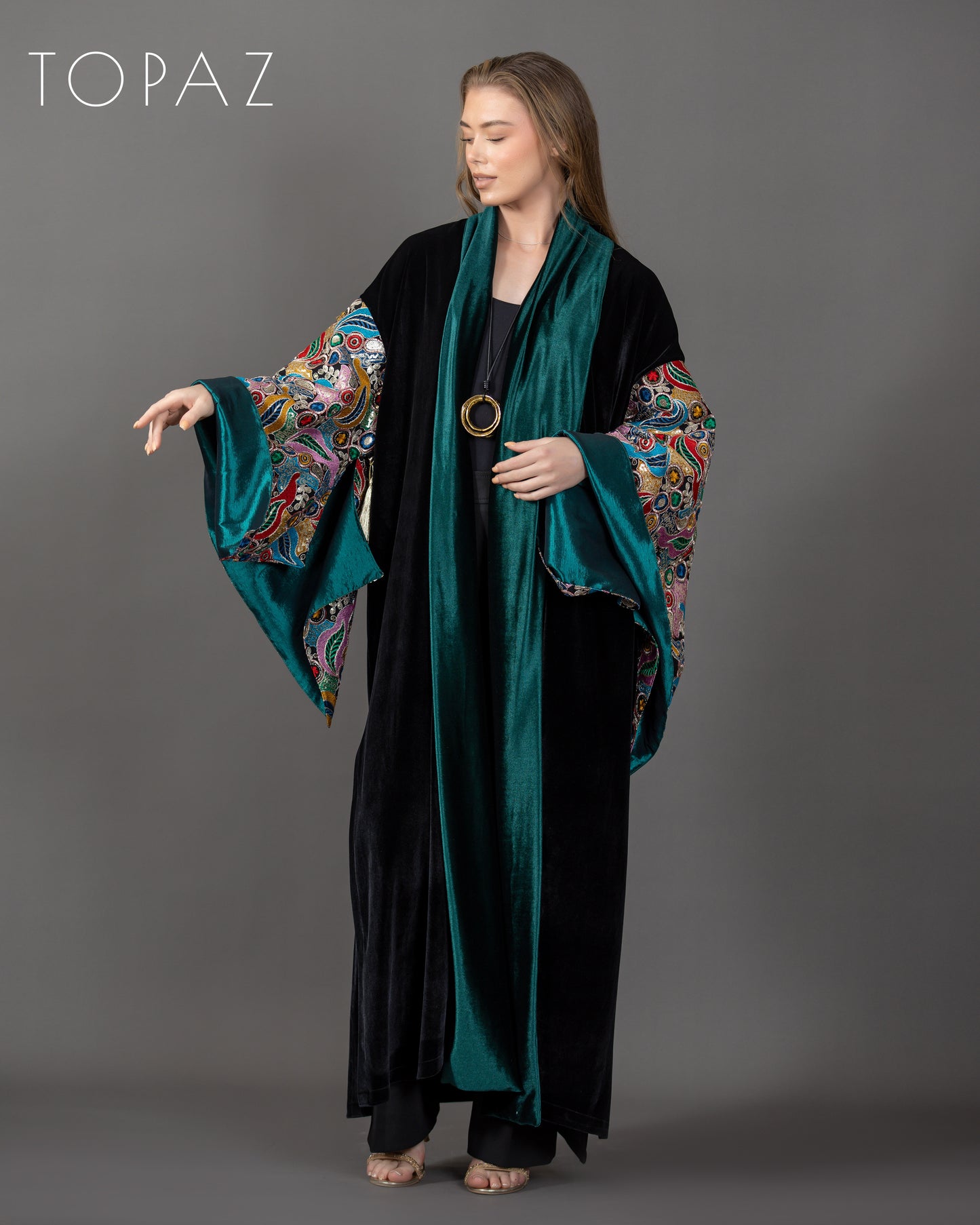 Embroidered Kaftan with Emerald Lining