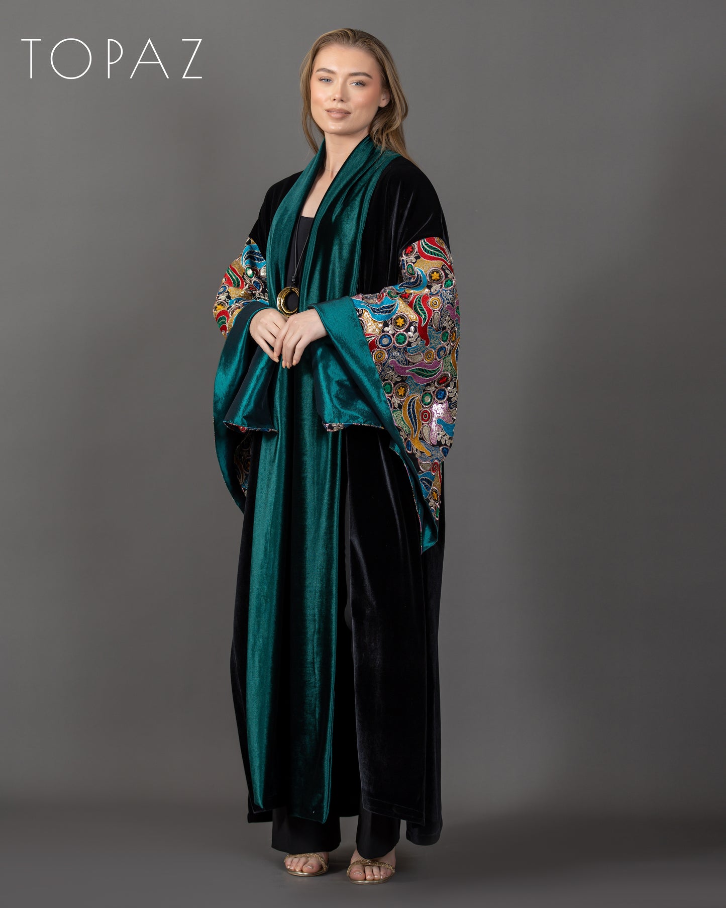 Embroidered Kaftan with Emerald Lining