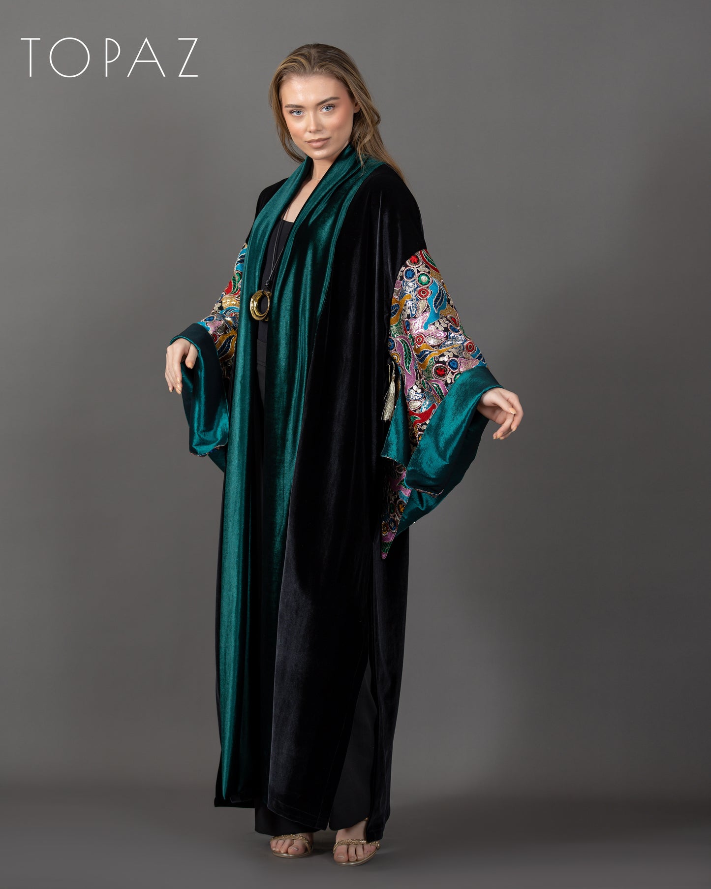 Embroidered Kaftan with Emerald Lining