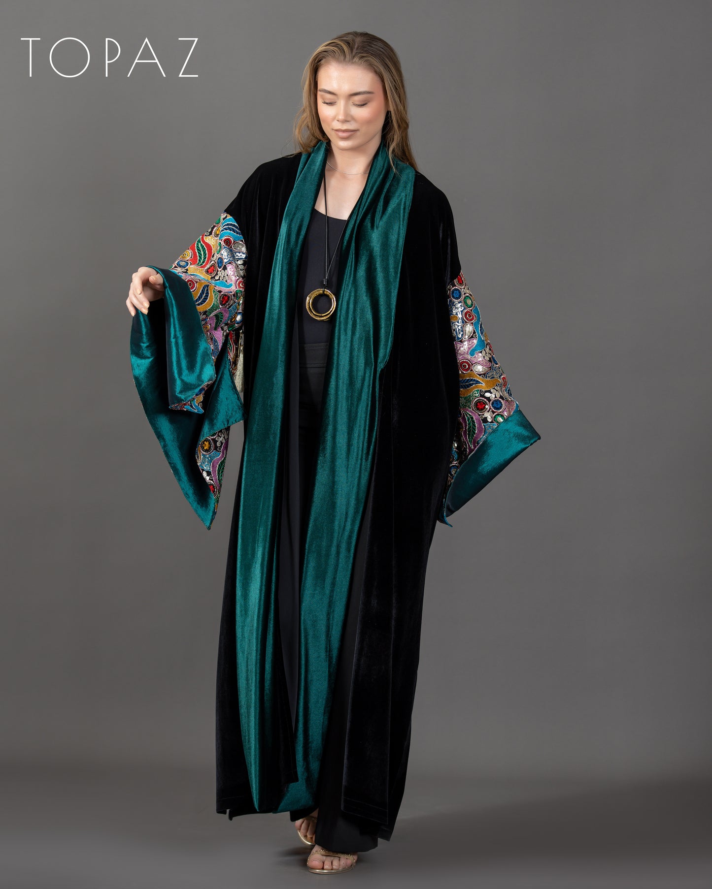 Embroidered Kaftan with Emerald Lining