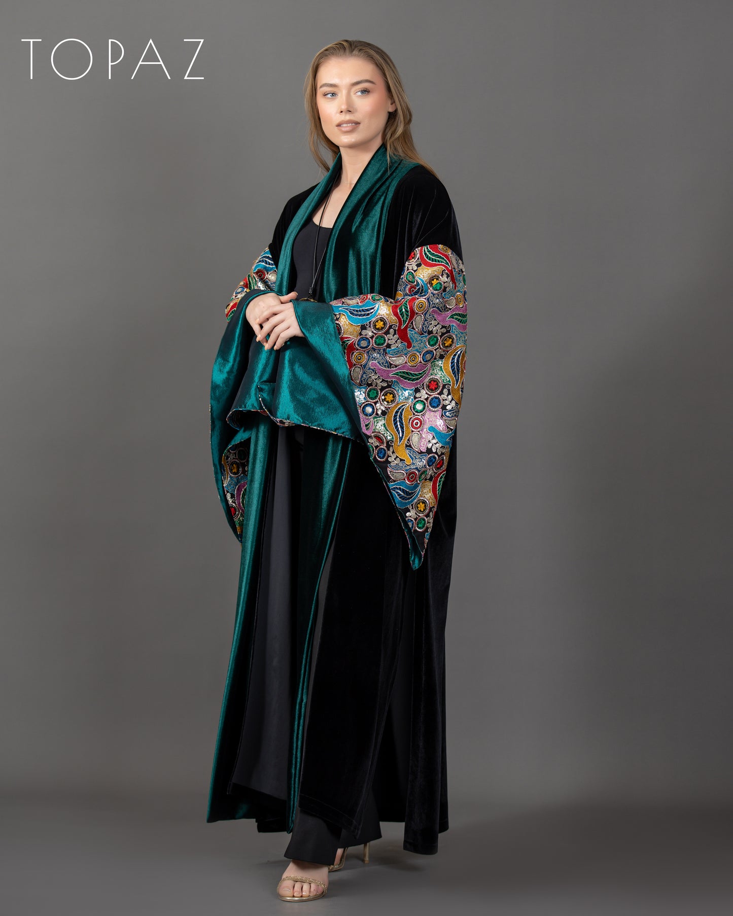 Embroidered Kaftan with Emerald Lining