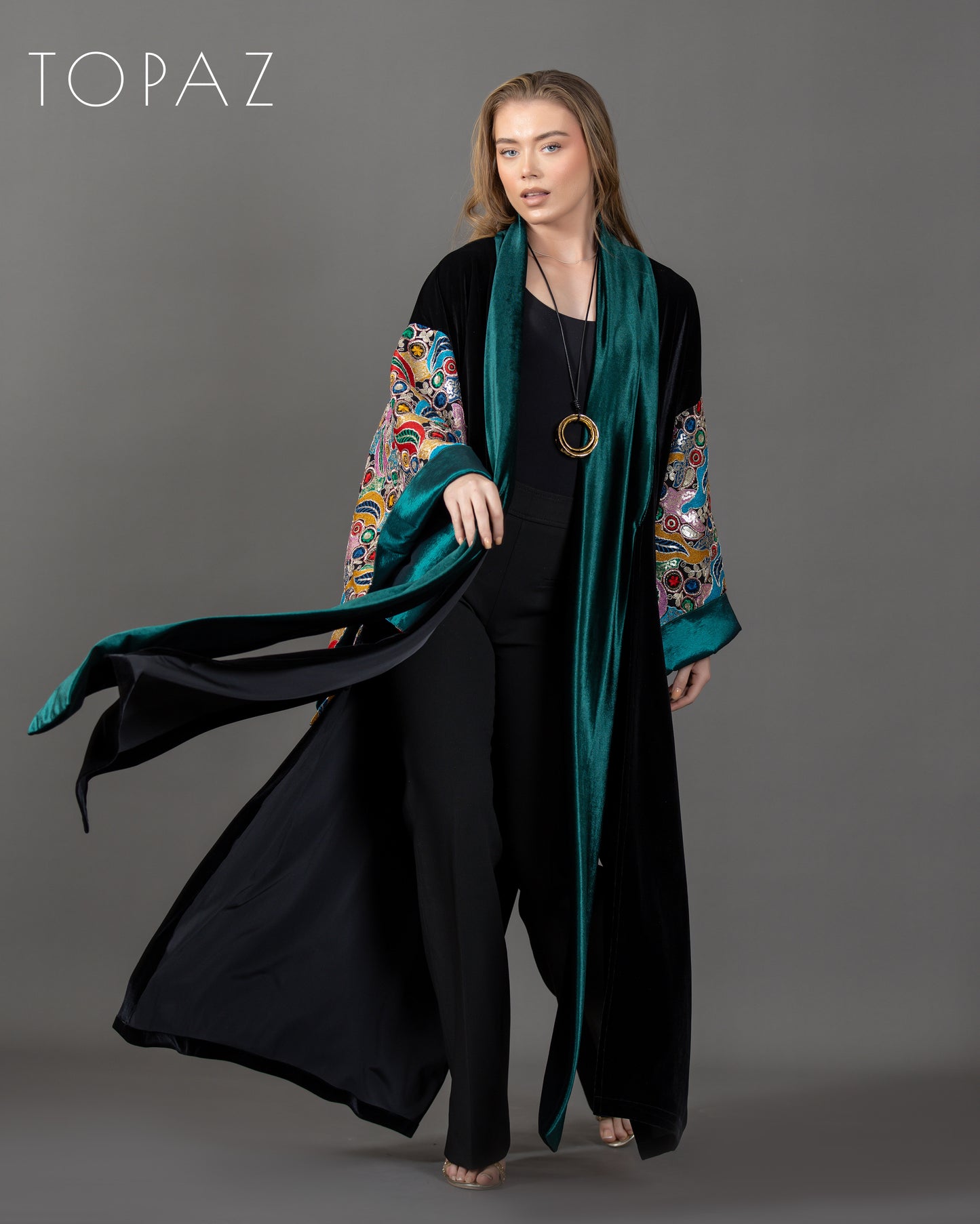 Embroidered Kaftan with Emerald Lining