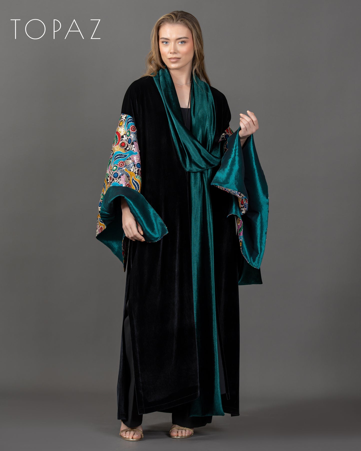 Embroidered Kaftan with Emerald Lining