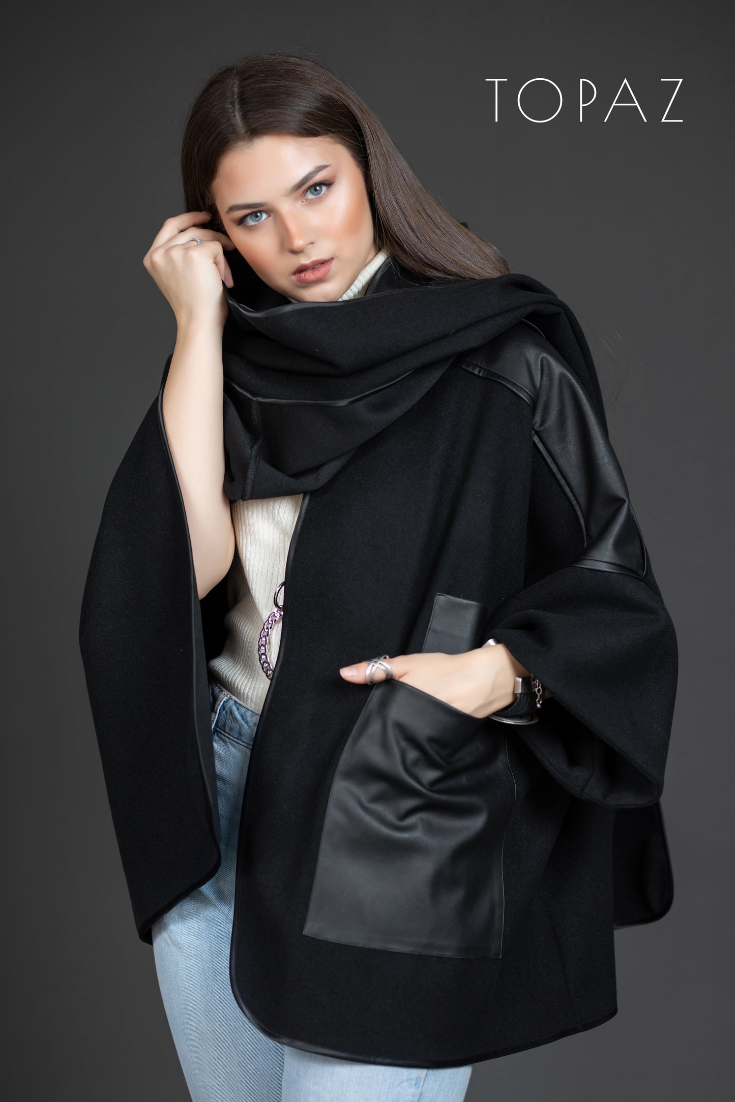 Cape with Leather Detailing