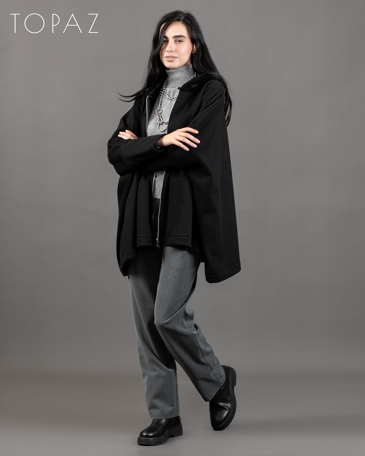 Knit Poncho With Fur