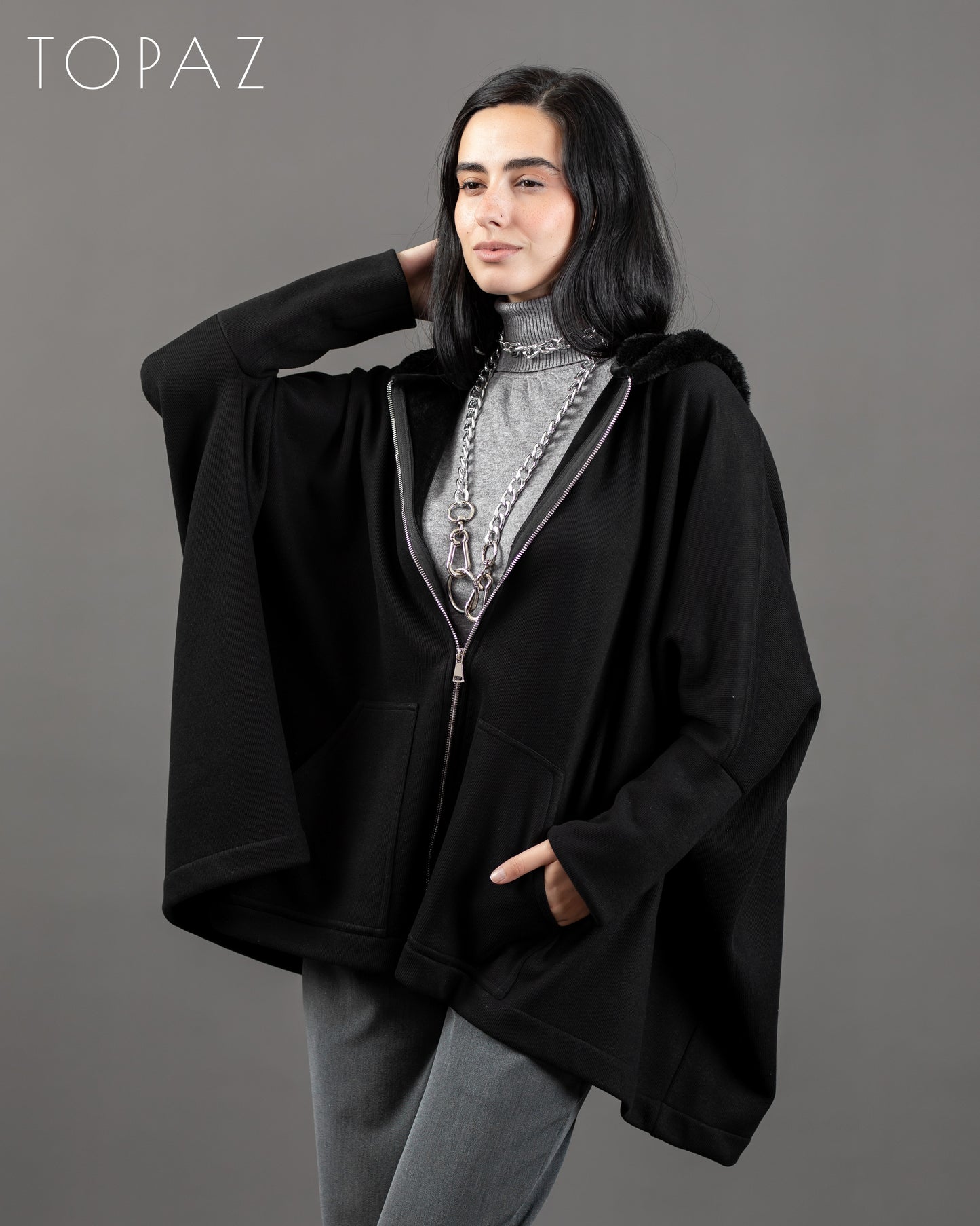 Knit Poncho With Fur