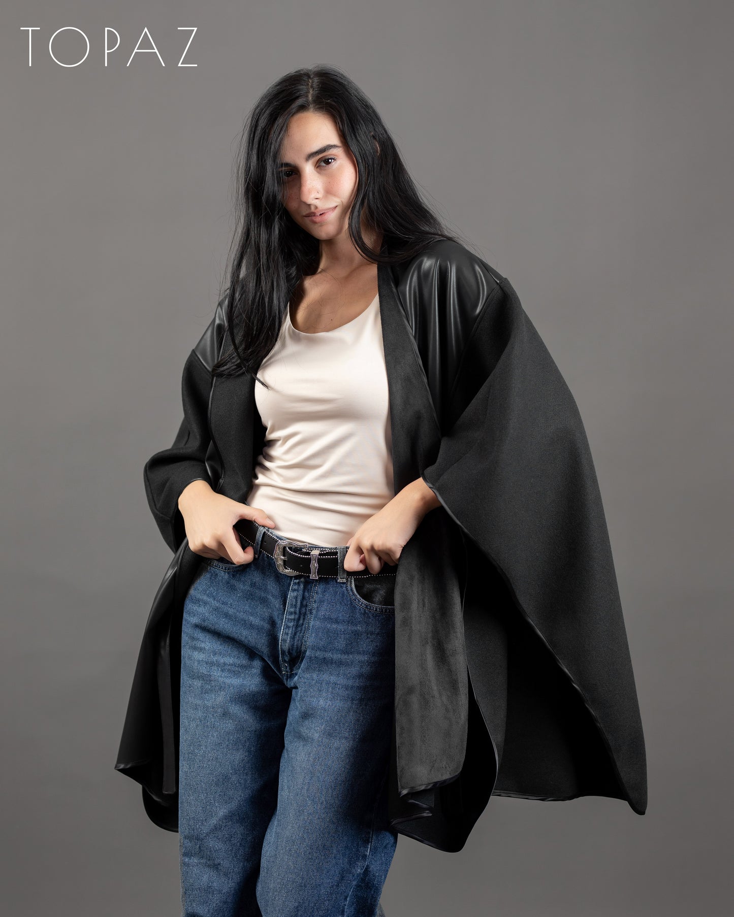 Poncho With Leather Panels