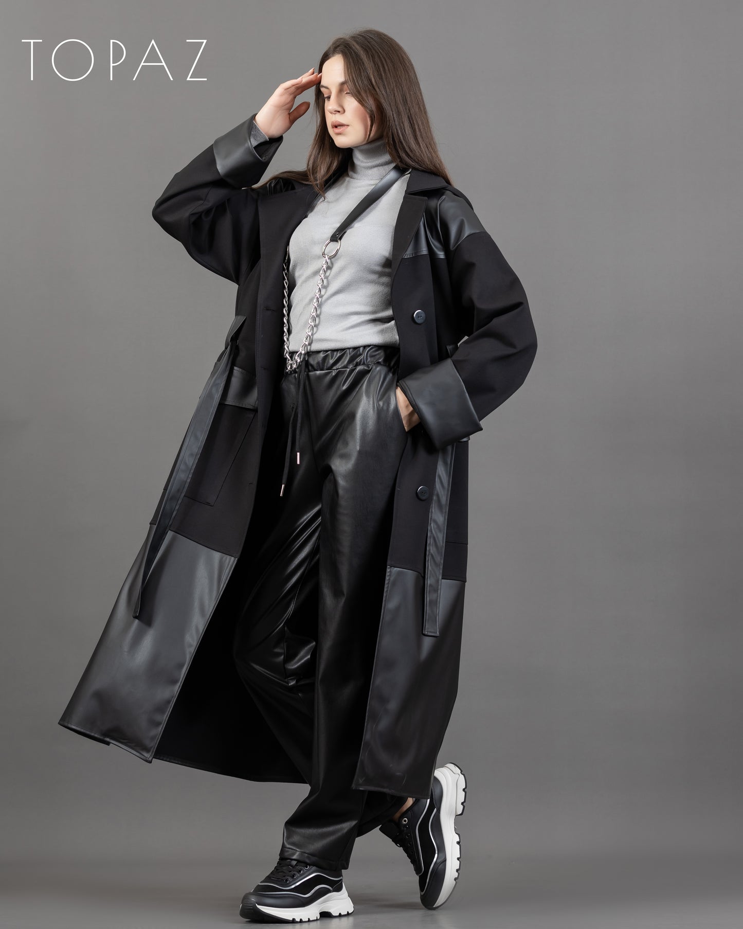 Coat with Leather Detailing