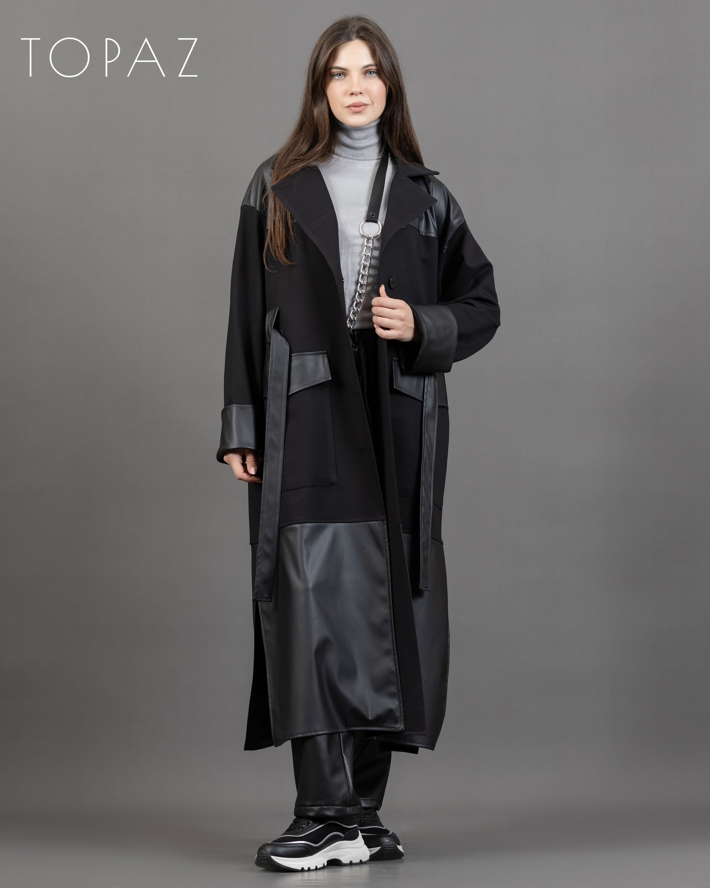 Coat with Leather Detailing