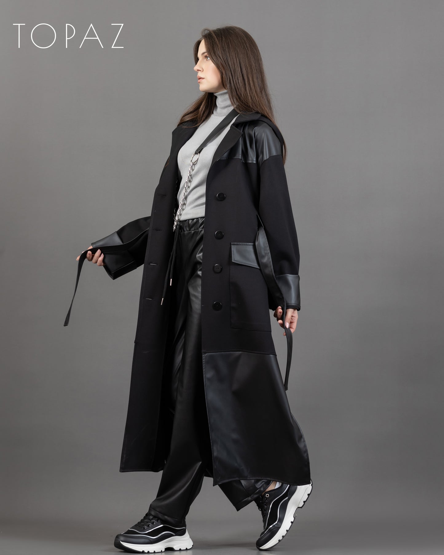 Coat with Leather Detailing