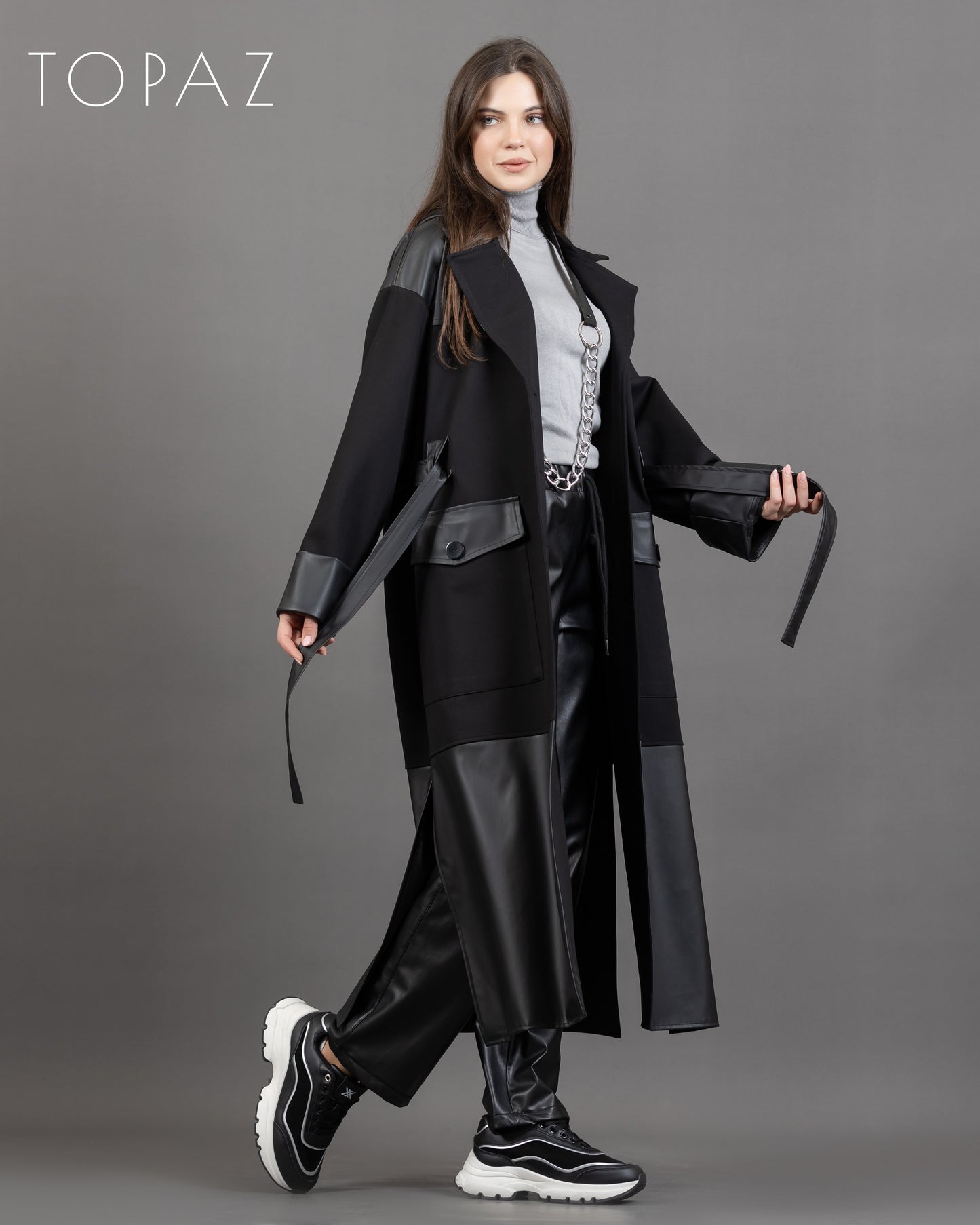 Coat with Leather Detailing