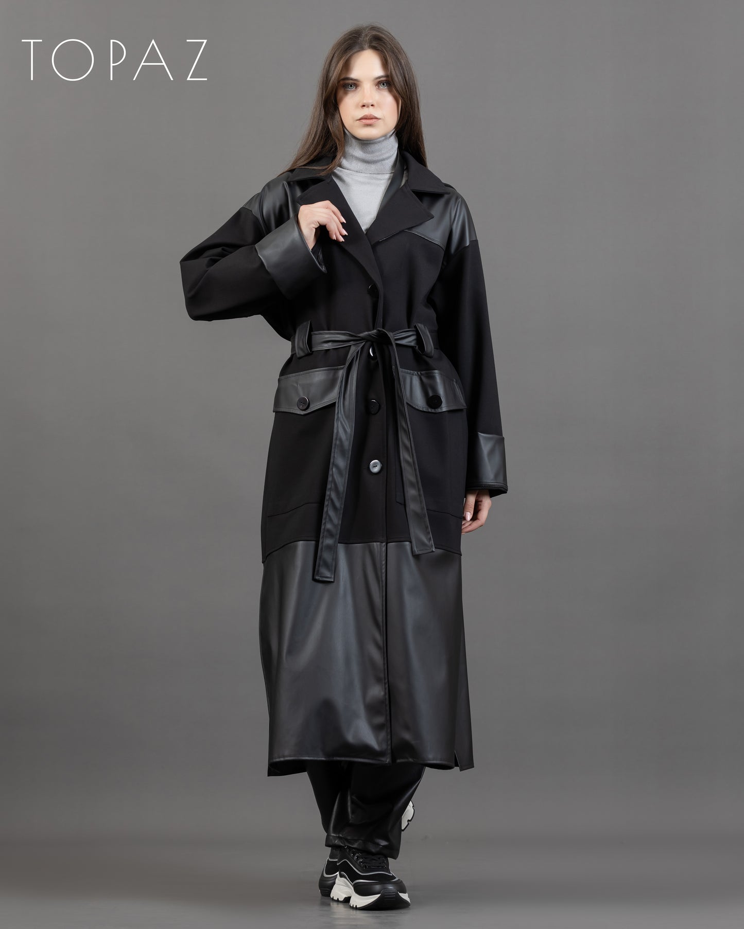 Coat with Leather Detailing