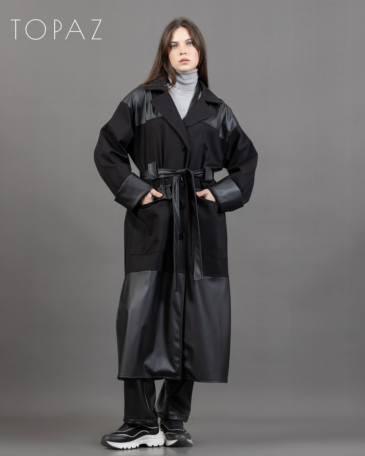 Coat with Leather Detailing