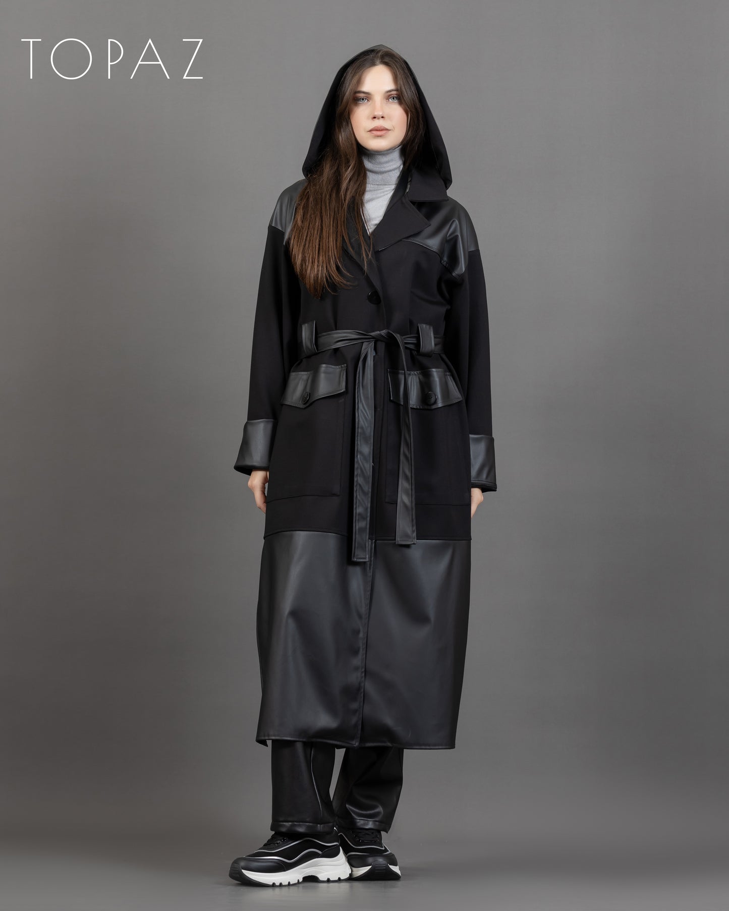 Coat with Leather Detailing