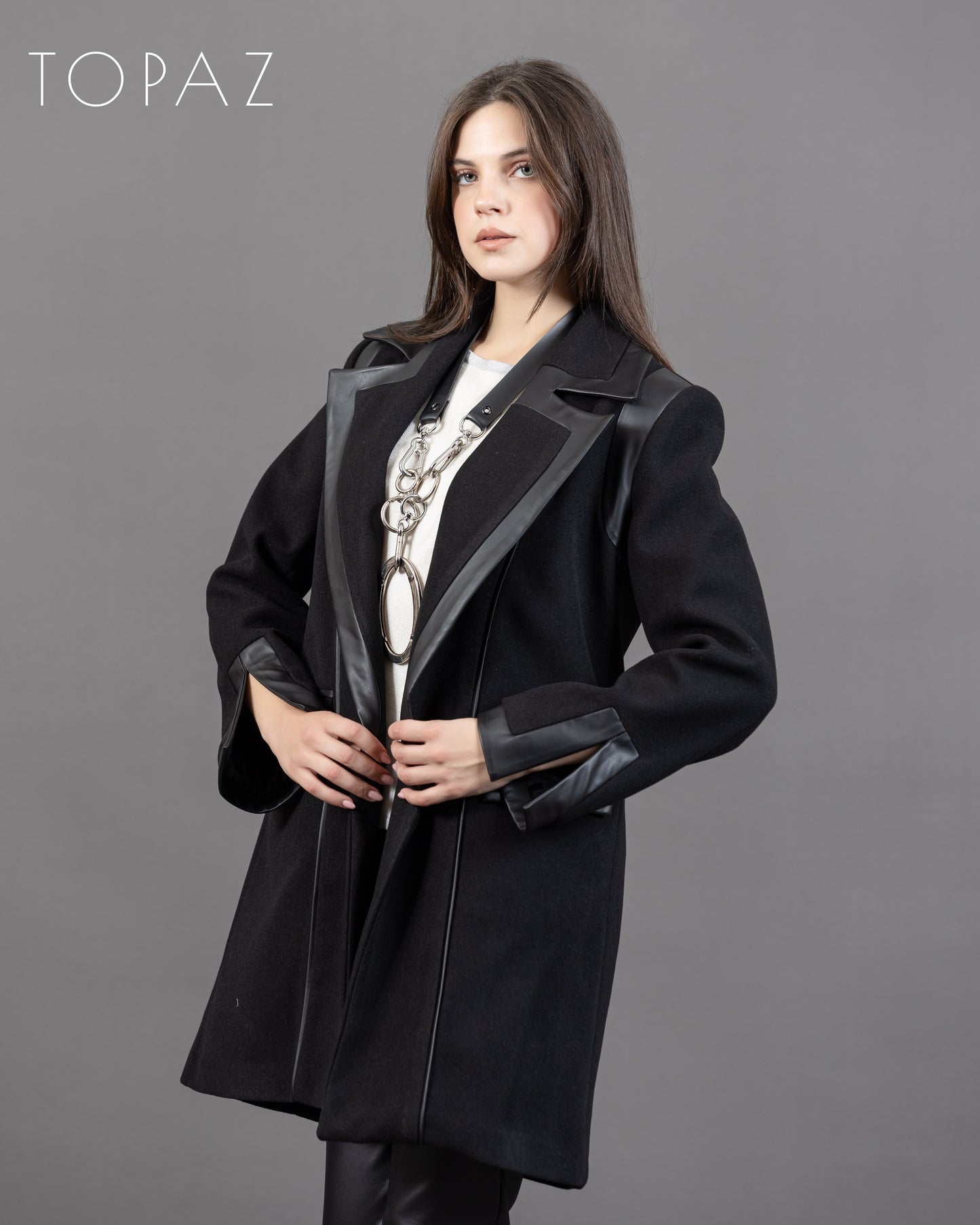 Wool Jacket with Leather Detailing