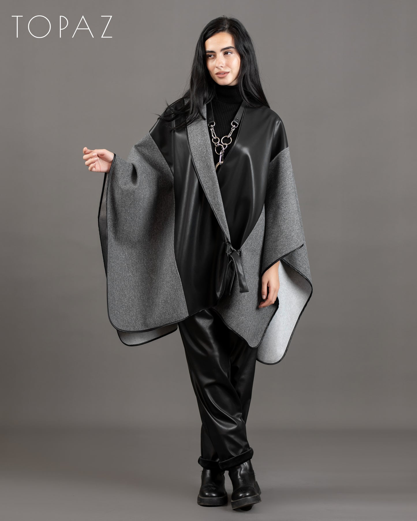 Poncho With Leather Panels