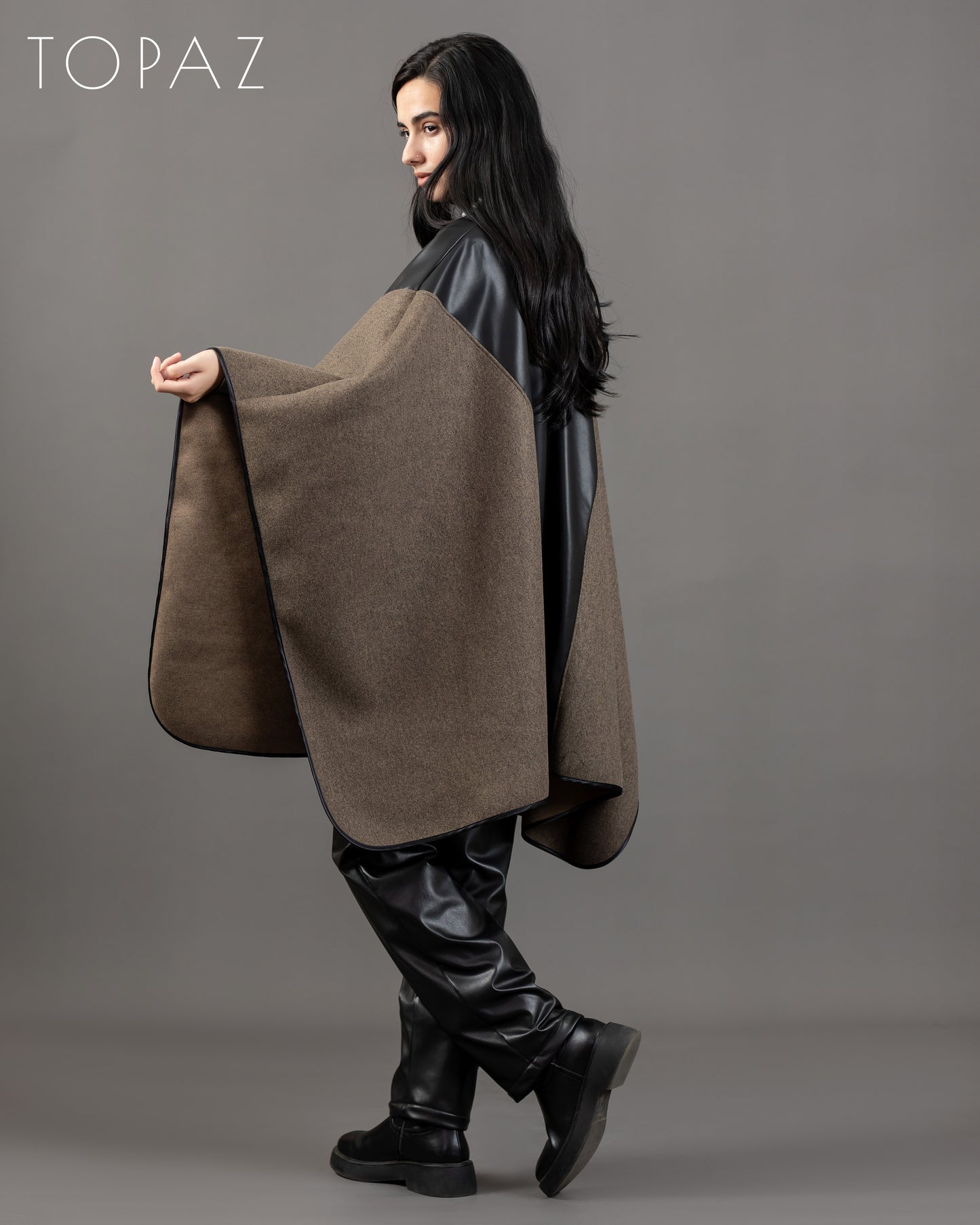 Poncho With Leather Panels