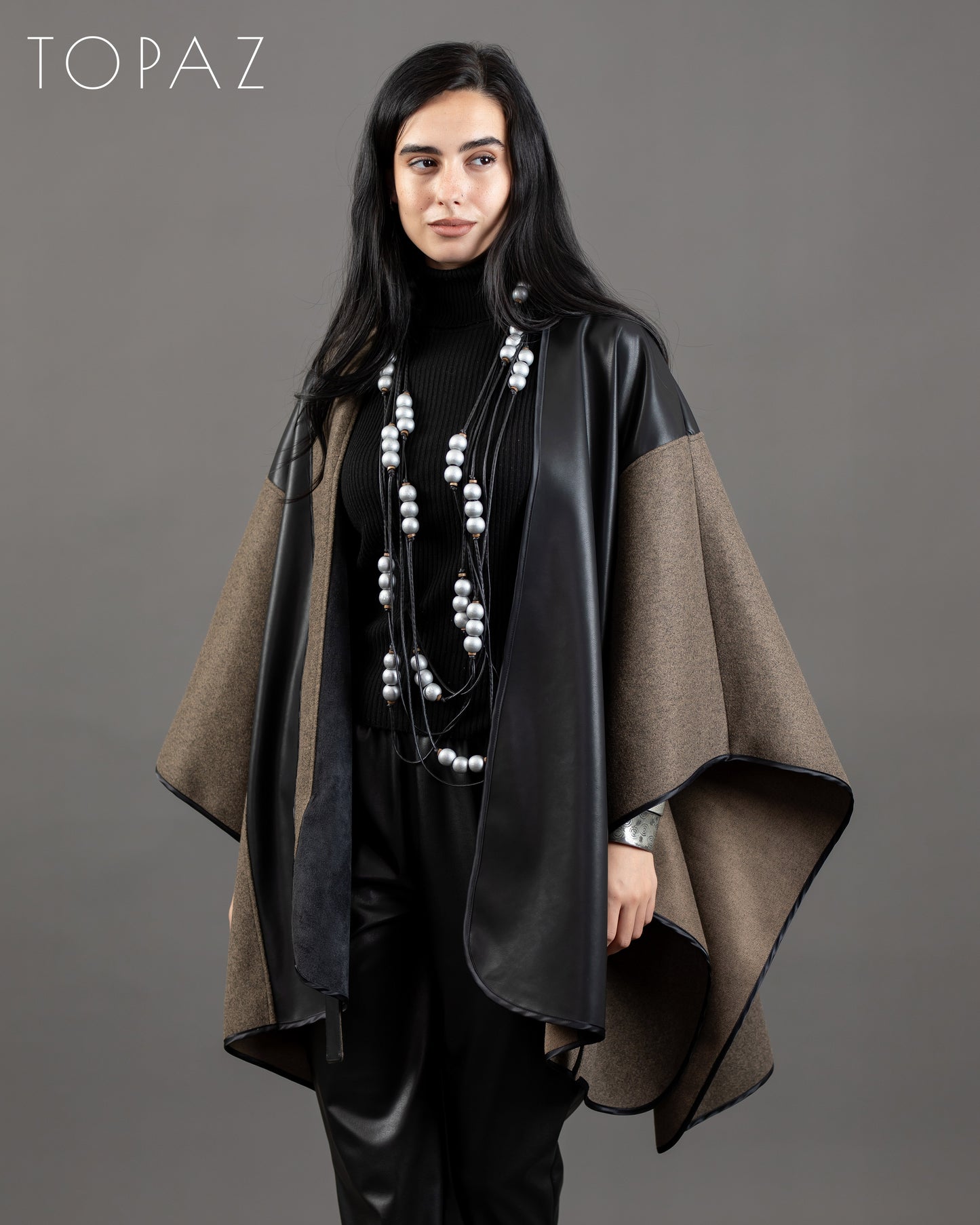 Poncho With Leather Panels