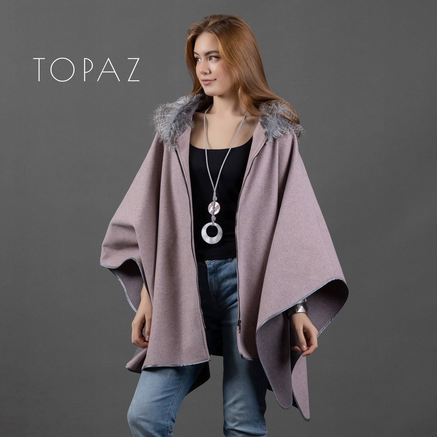 Poncho with Fur Collar