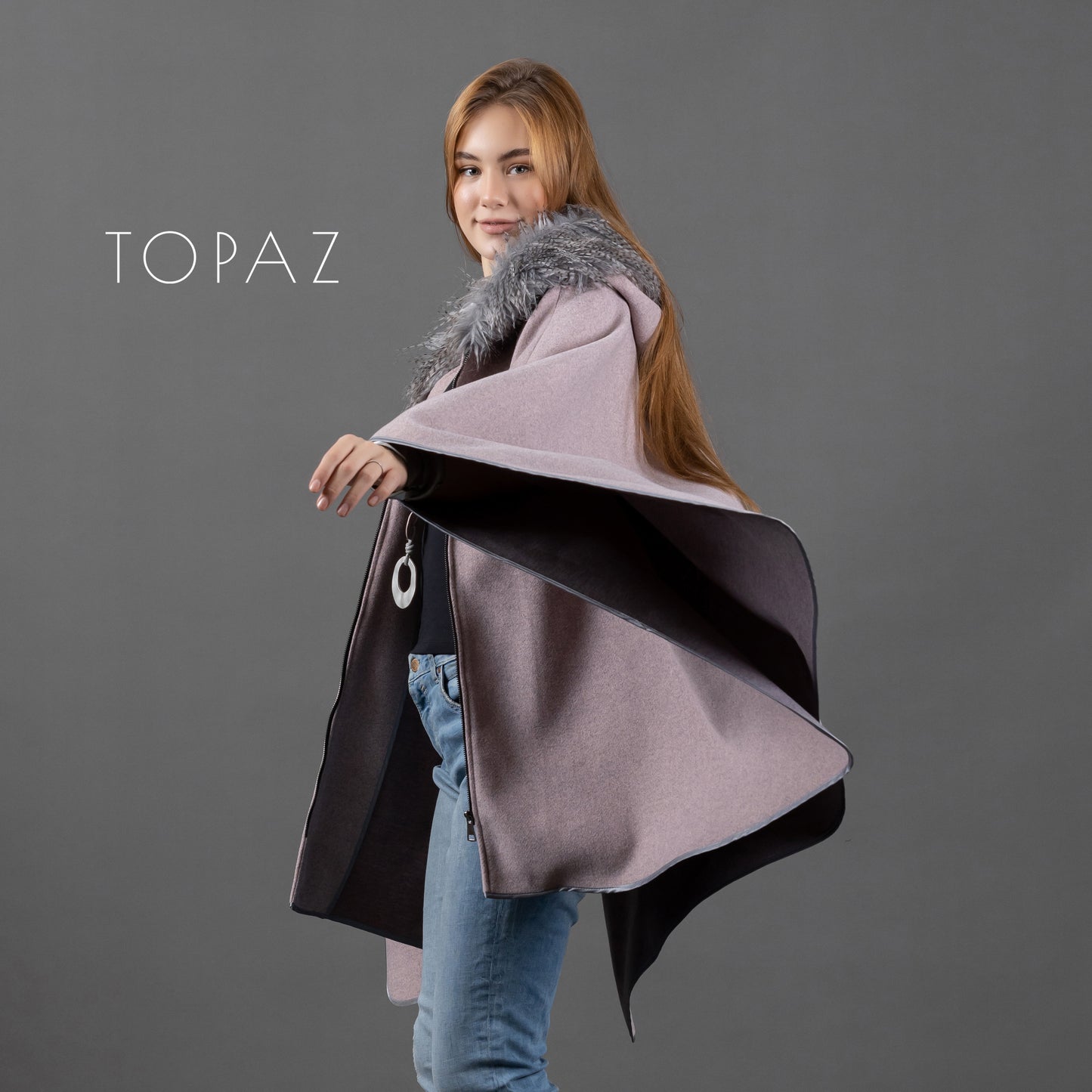 Poncho with Fur Collar