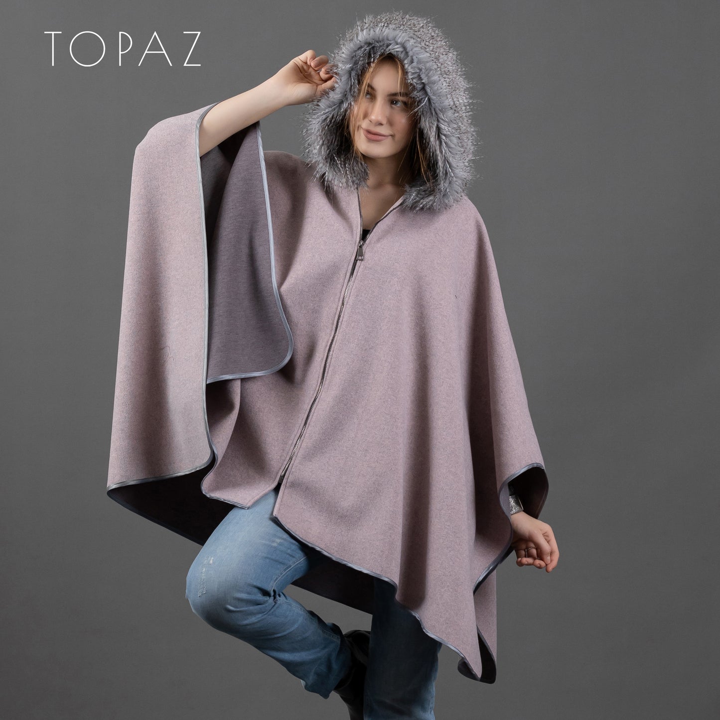 Poncho with Fur Collar