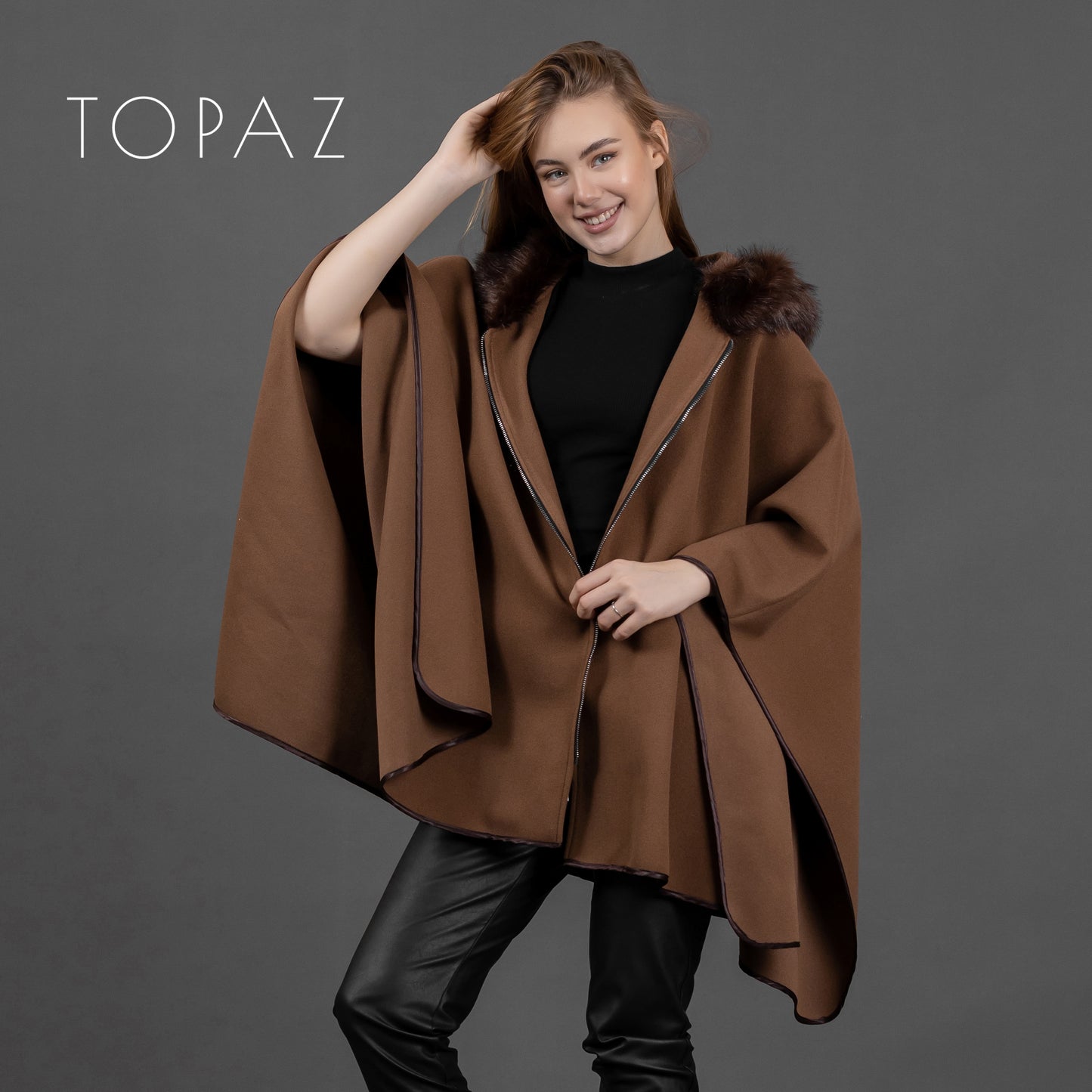 Poncho with Fur Collar