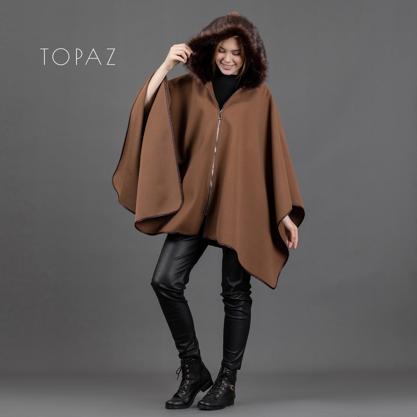 Poncho with Fur Collar