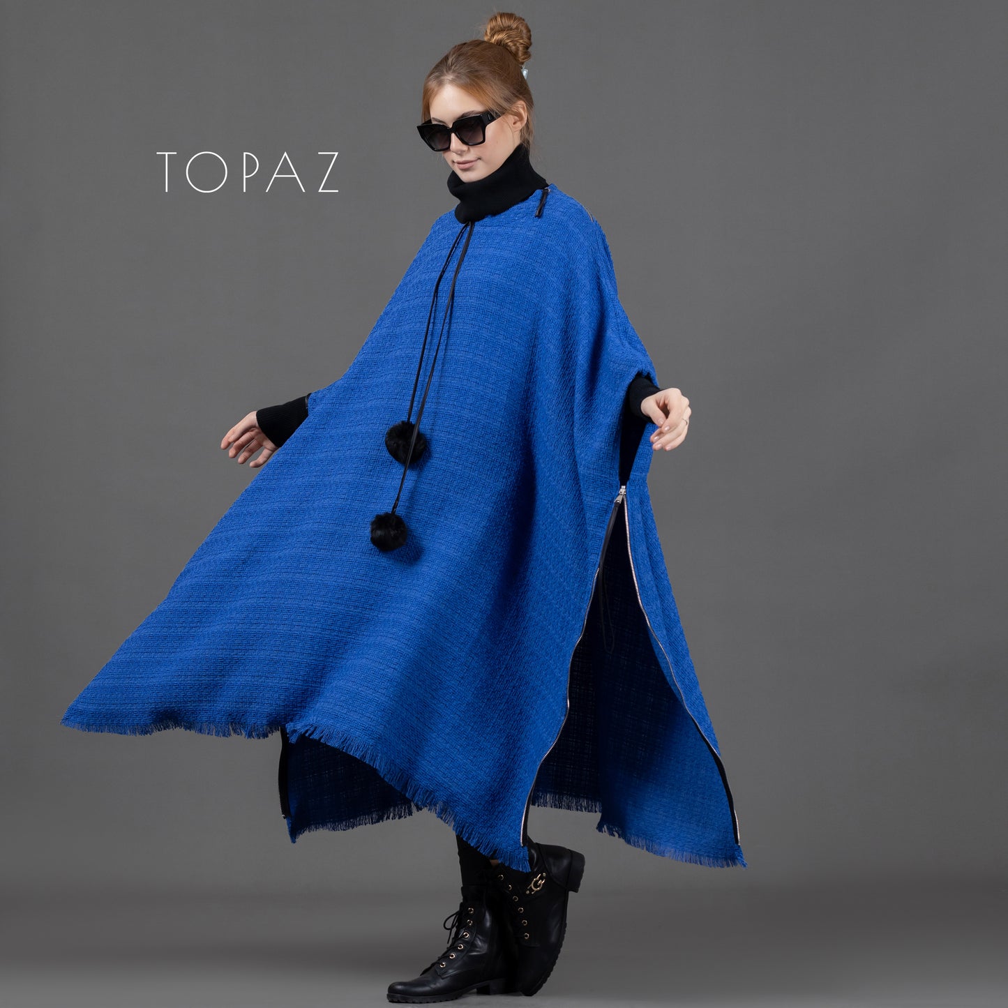 Tweed Poncho with Fur tassles