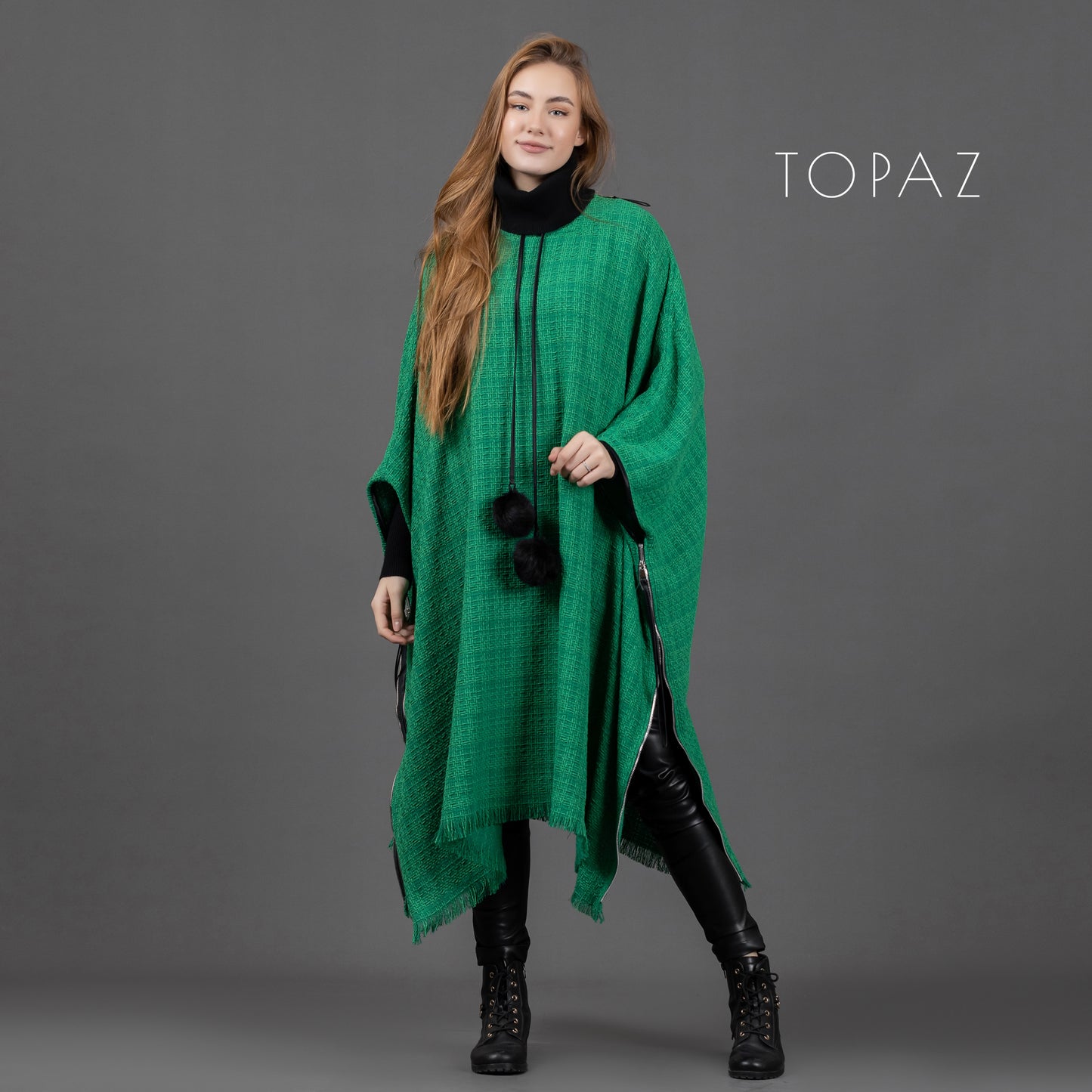 Tweed Poncho with Fur tassles