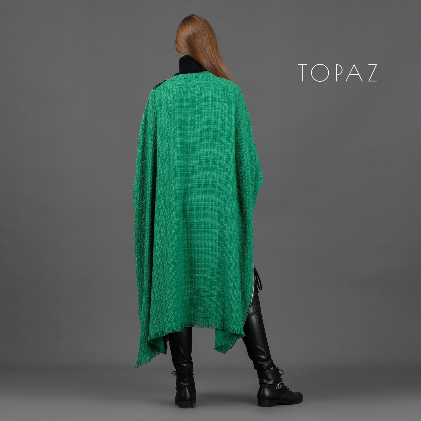 Tweed Poncho with Fur tassles