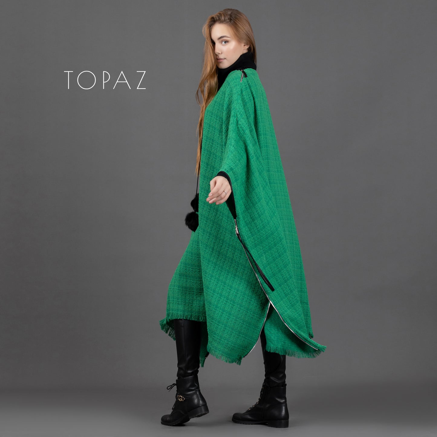 Tweed Poncho with Fur tassles