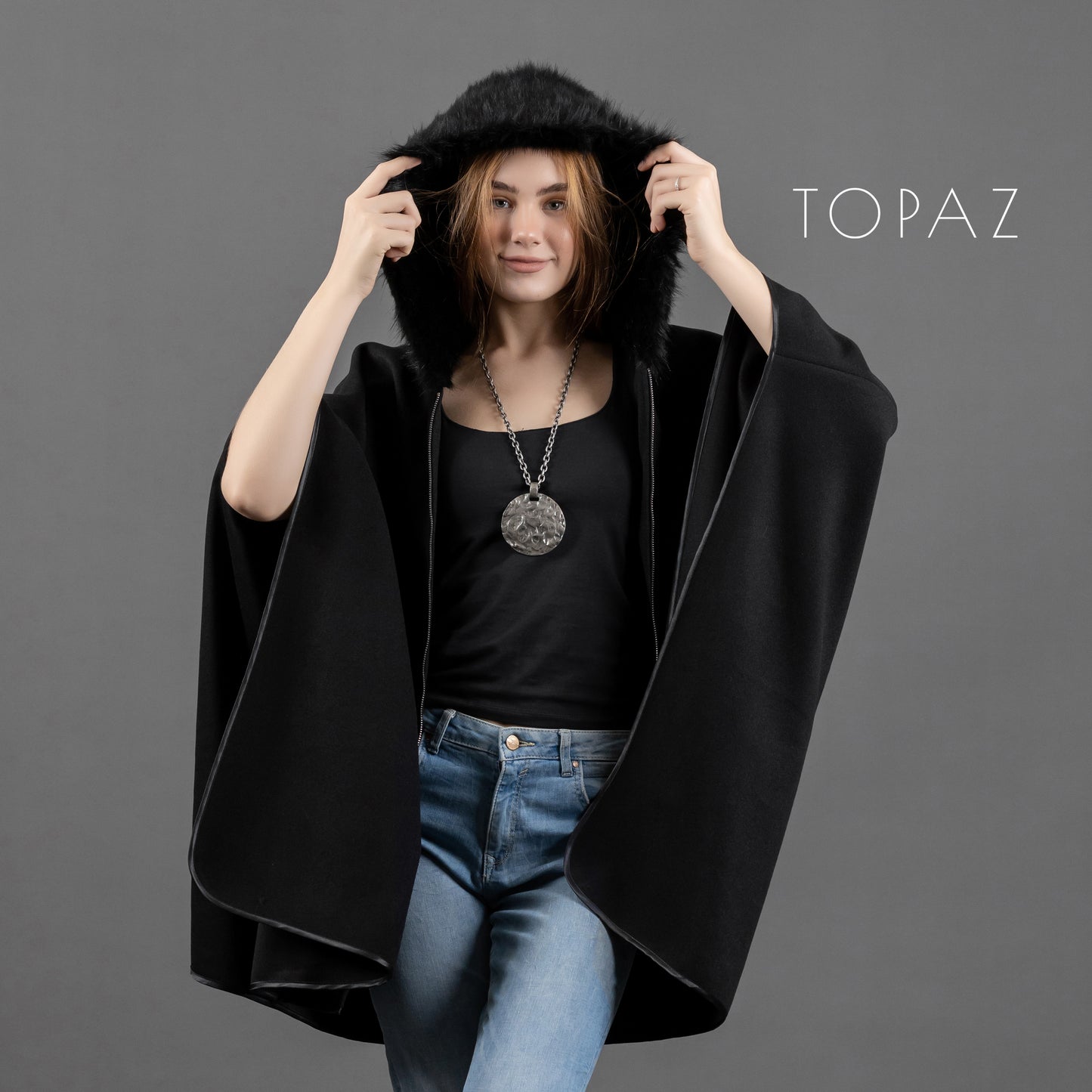 Poncho with Fur Collar