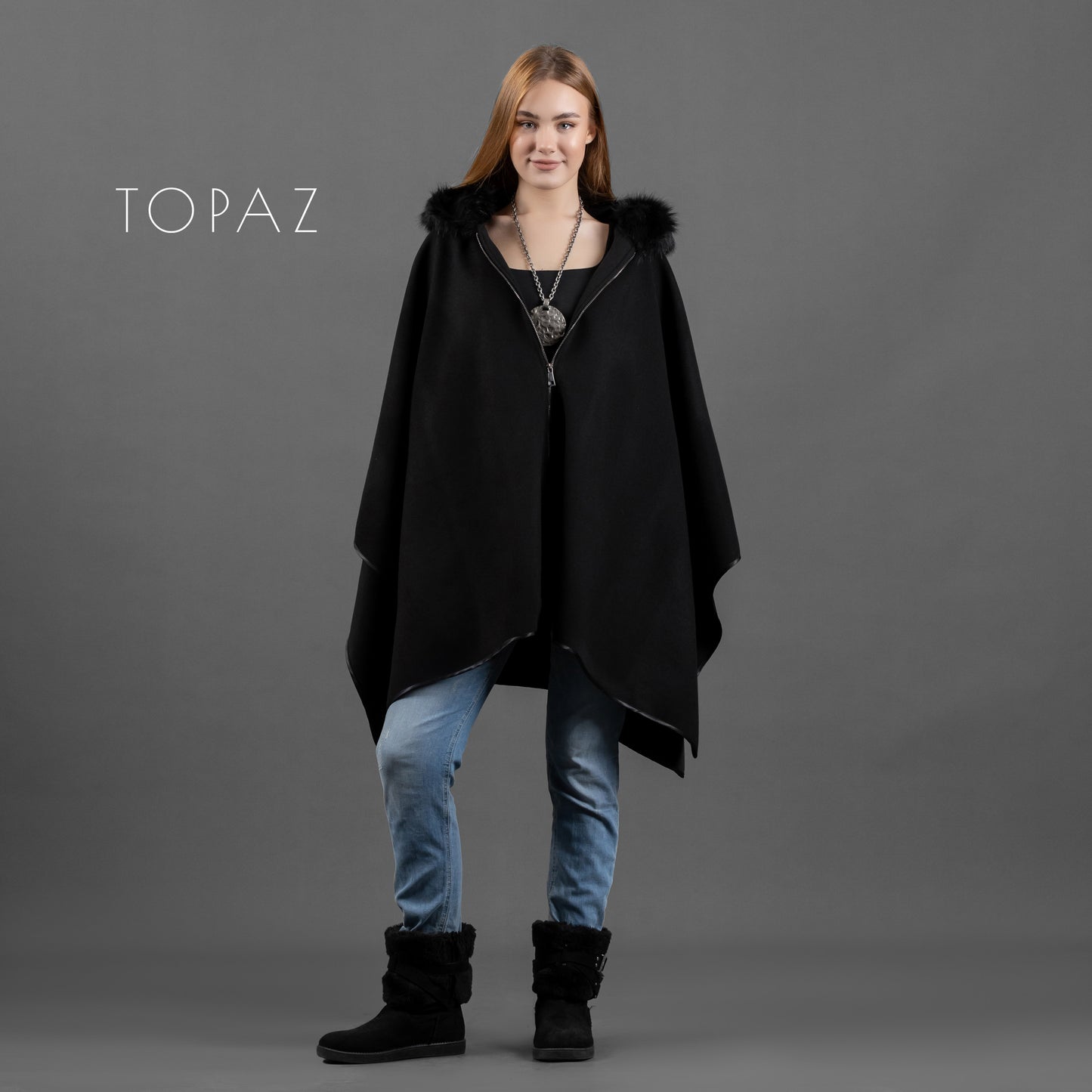 Poncho with Fur Collar